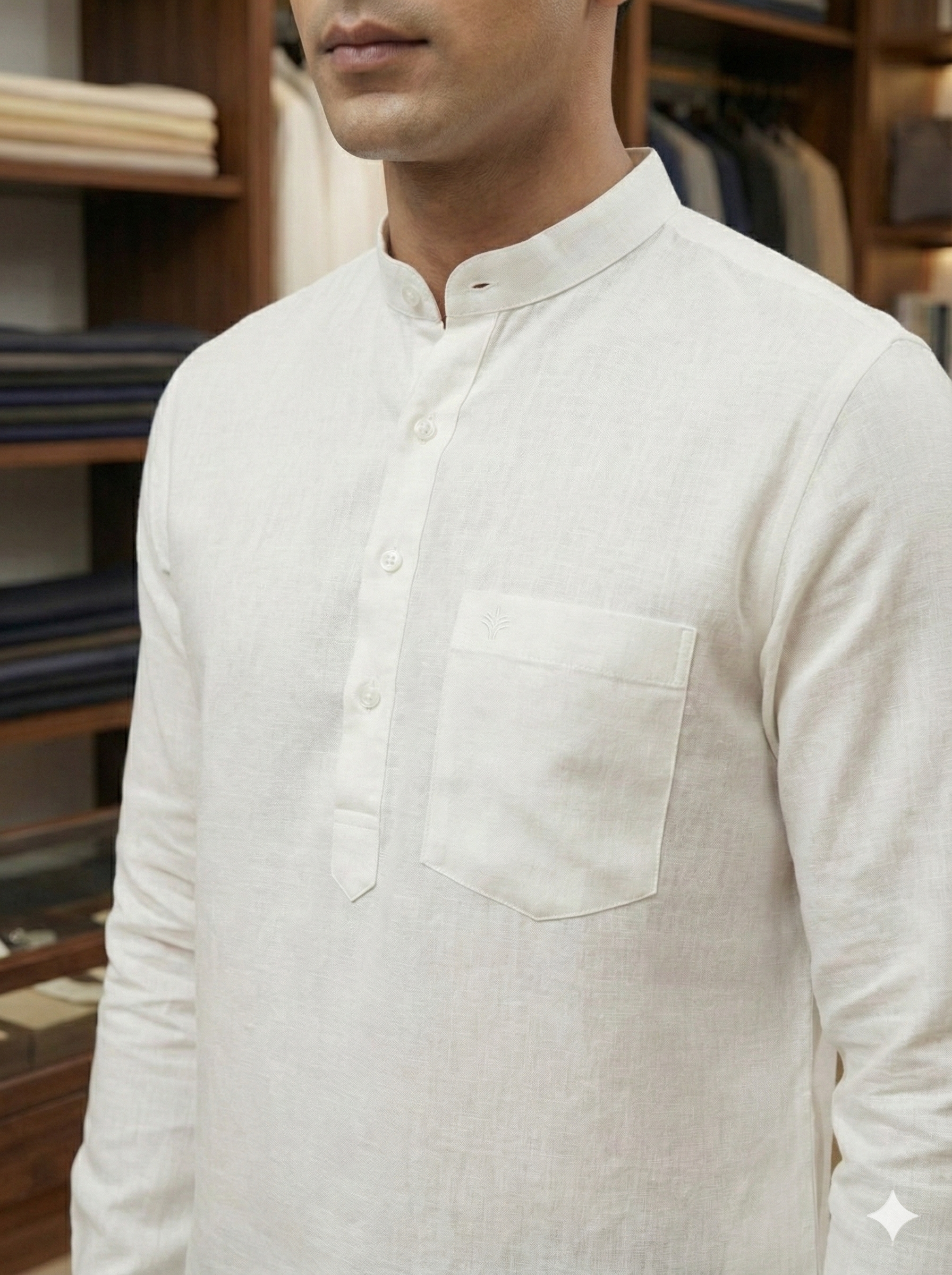 Classic Mandarin-Collar Short White Linen Kurta [ 60 LEA ]