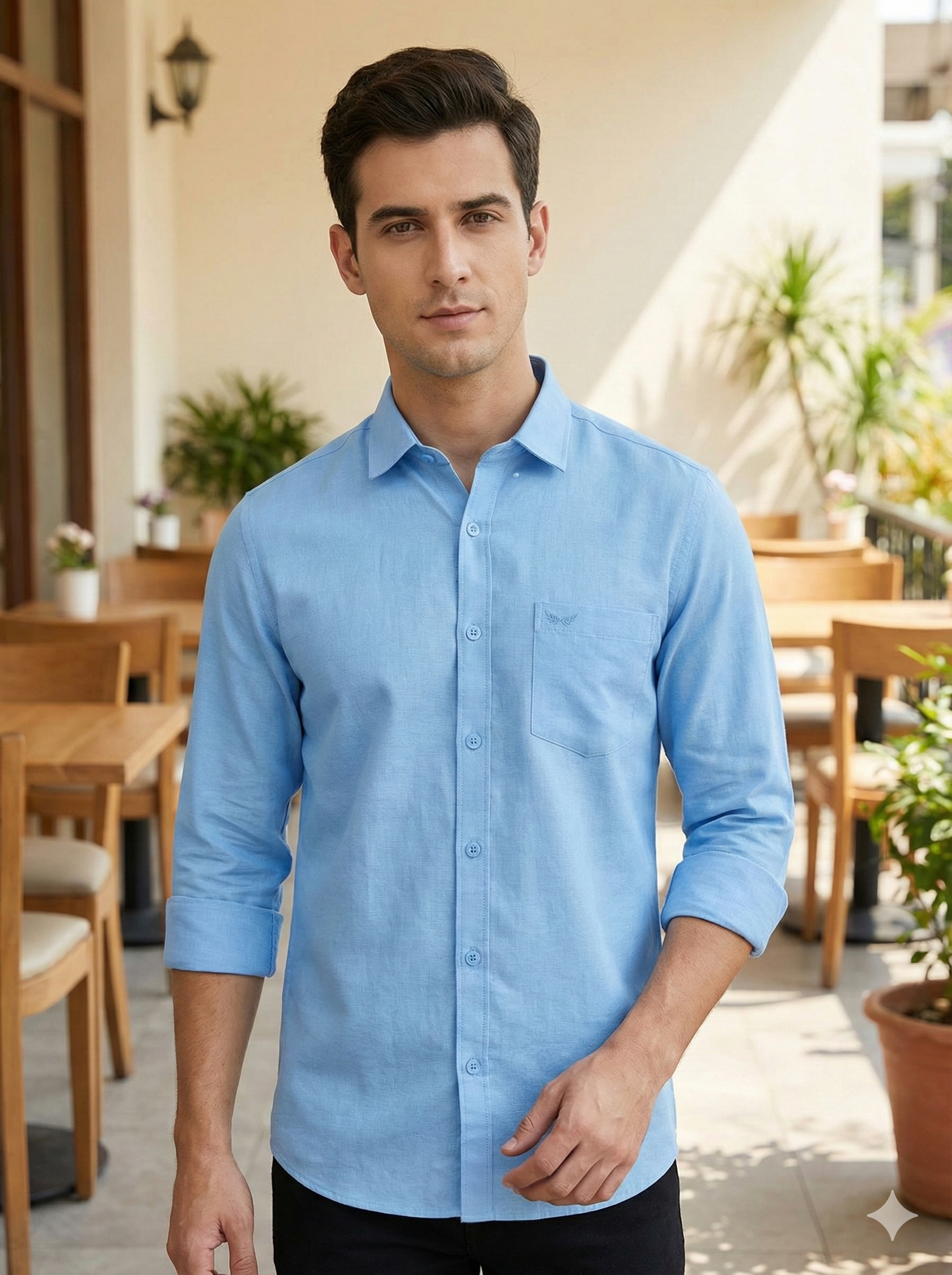 Sky Blue Signature Full Sleeve Linen Blend