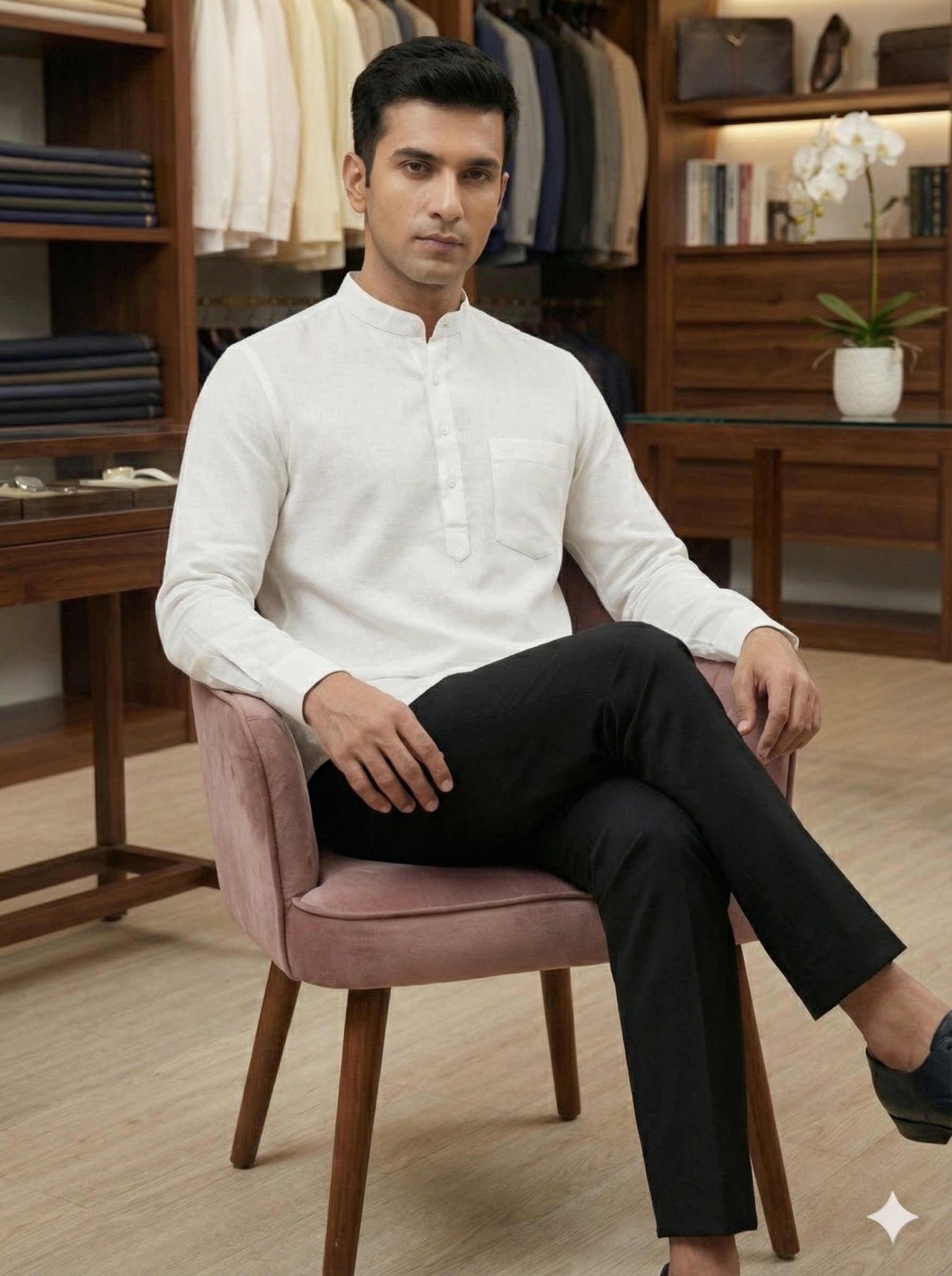 Classic Mandarin-Collar Short White Linen Kurta [ 60 LEA ]