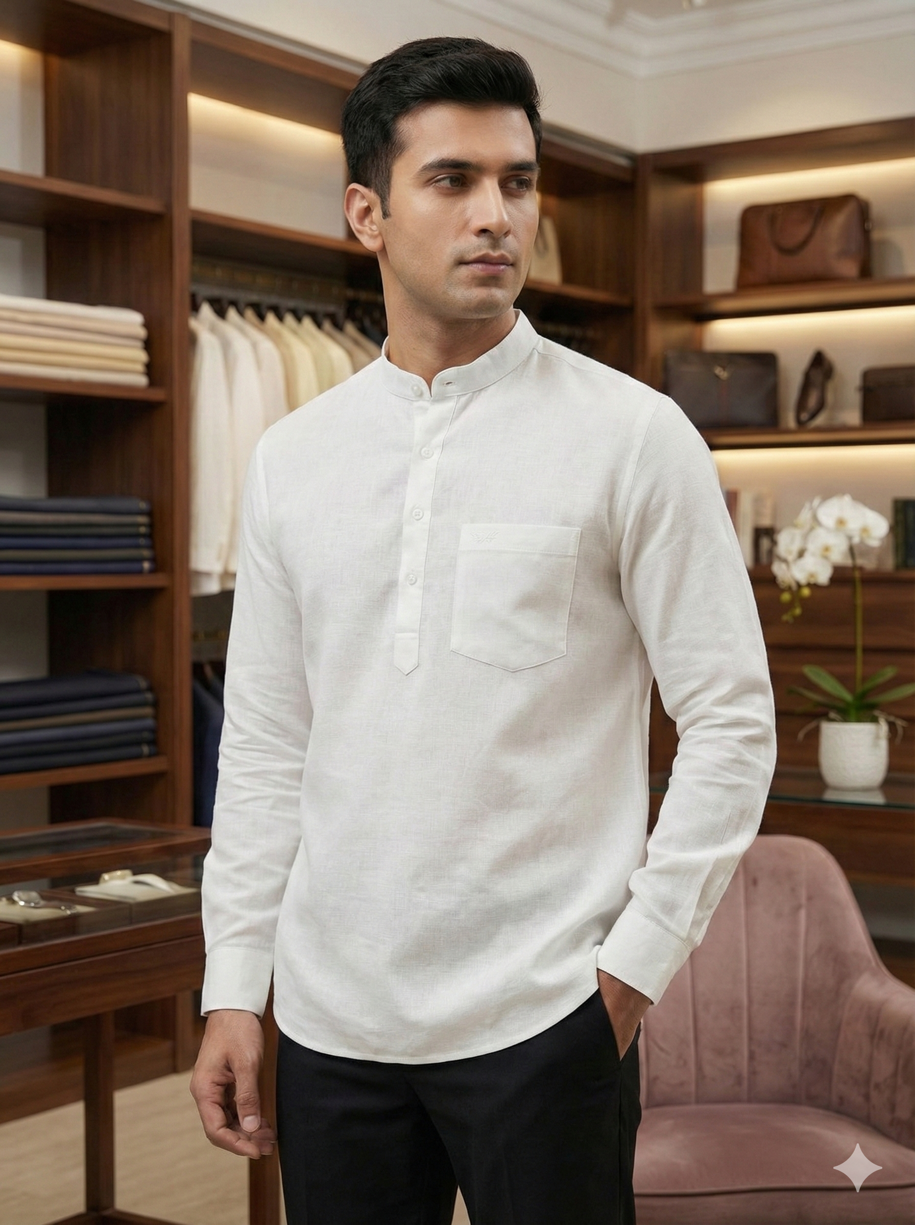 Classic Mandarin-Collar Short White Linen Kurta [ 60 LEA ]