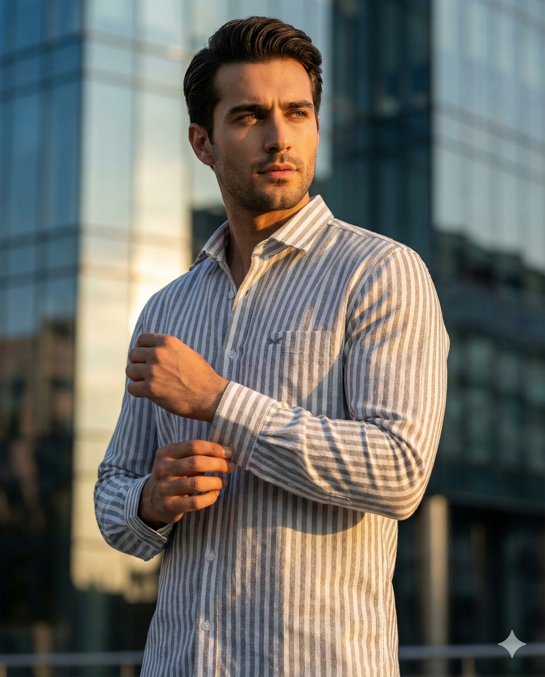 Classic Grey & White Striped Linen Long Sleeve Shirt