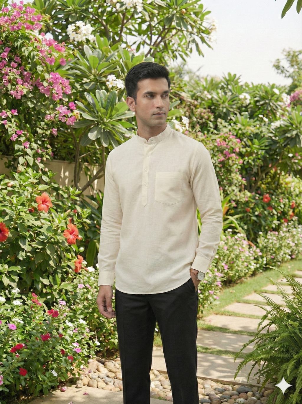 The Classic Beige Pure Linen Short Kurta