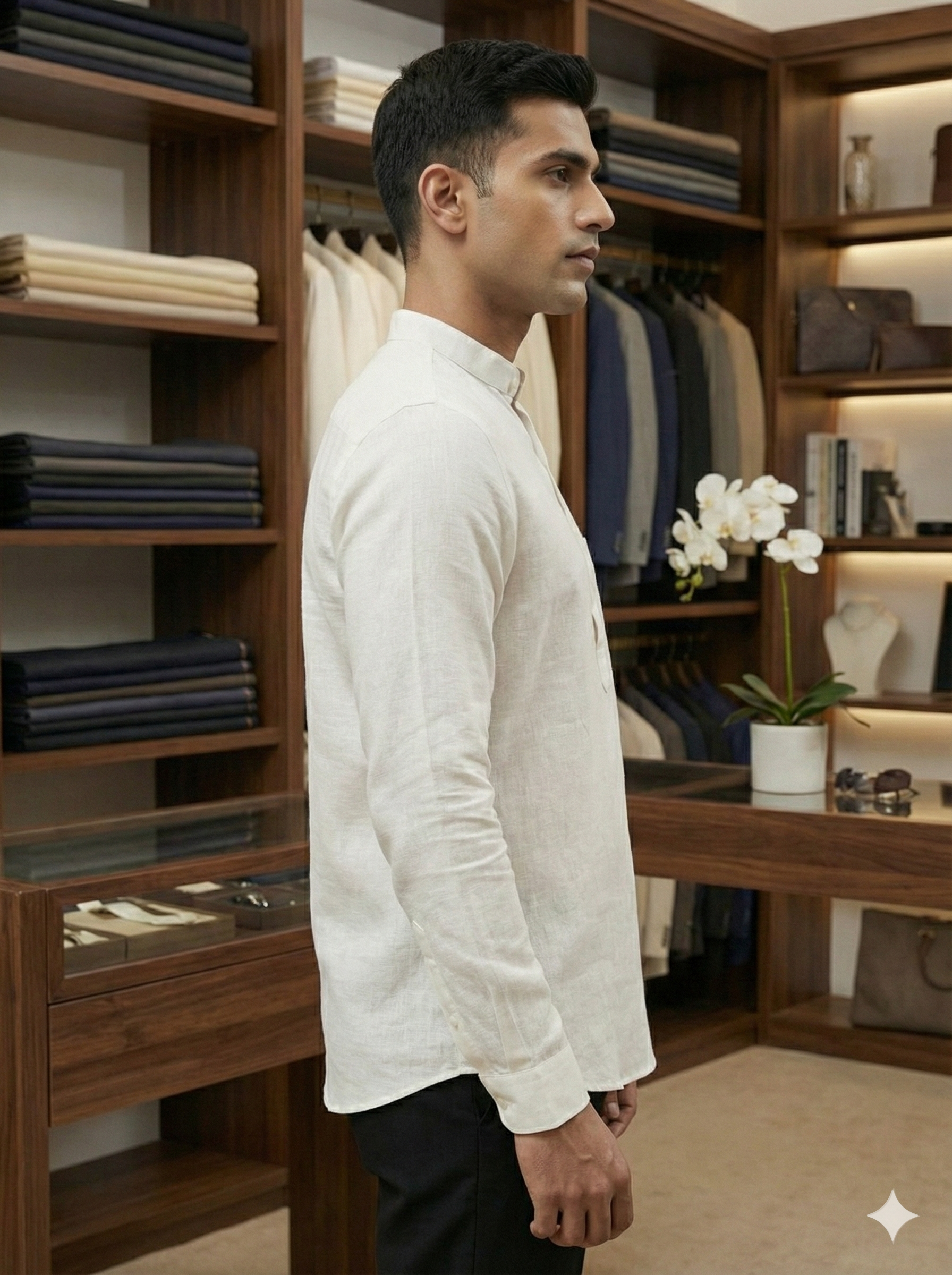 Classic Mandarin-Collar Short White Linen Kurta [ 60 LEA ]