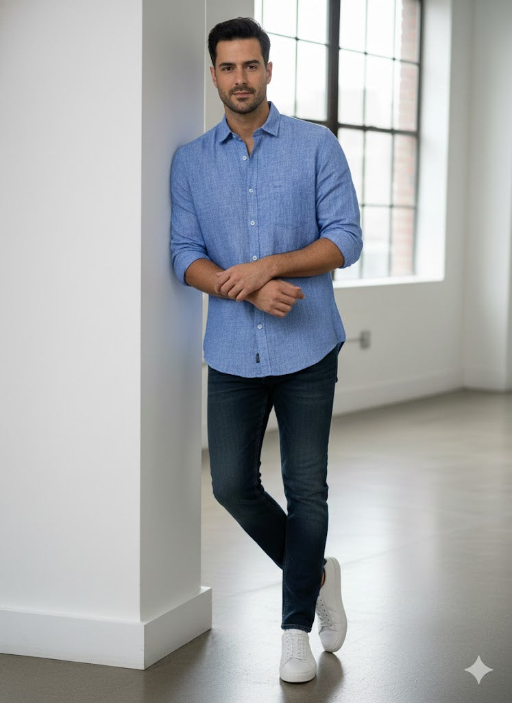 Nova Blue Textured Pure Linen Shirt [ 60 LEA ]